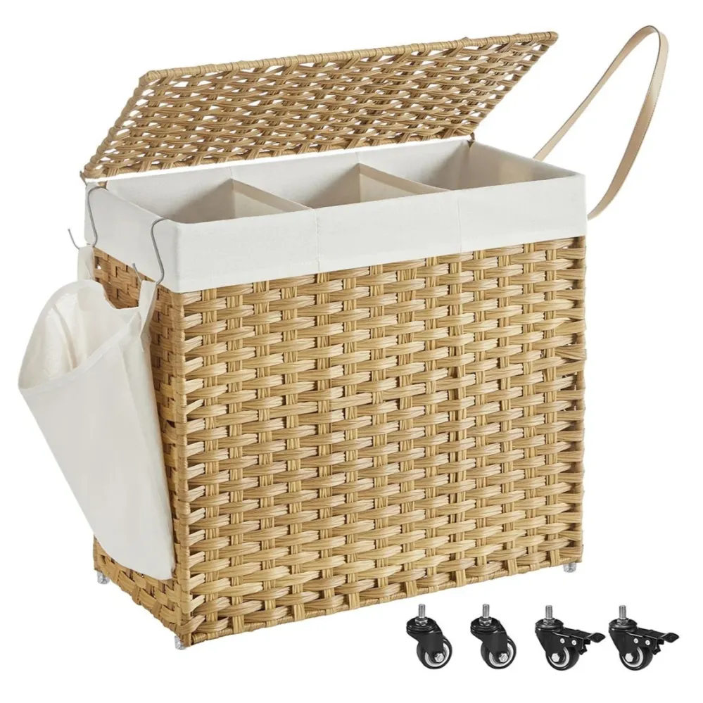 Panier à linge tissé à la main 140 litres imitation rotin 3 parties sac amovible couvercle poignées montage aisé salon sal...