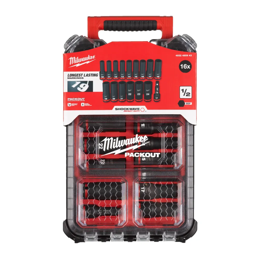 Milwaukee ½˝ SHOCKWAVE coffret de douilles à chocs (16 pièces) en PACKOUT