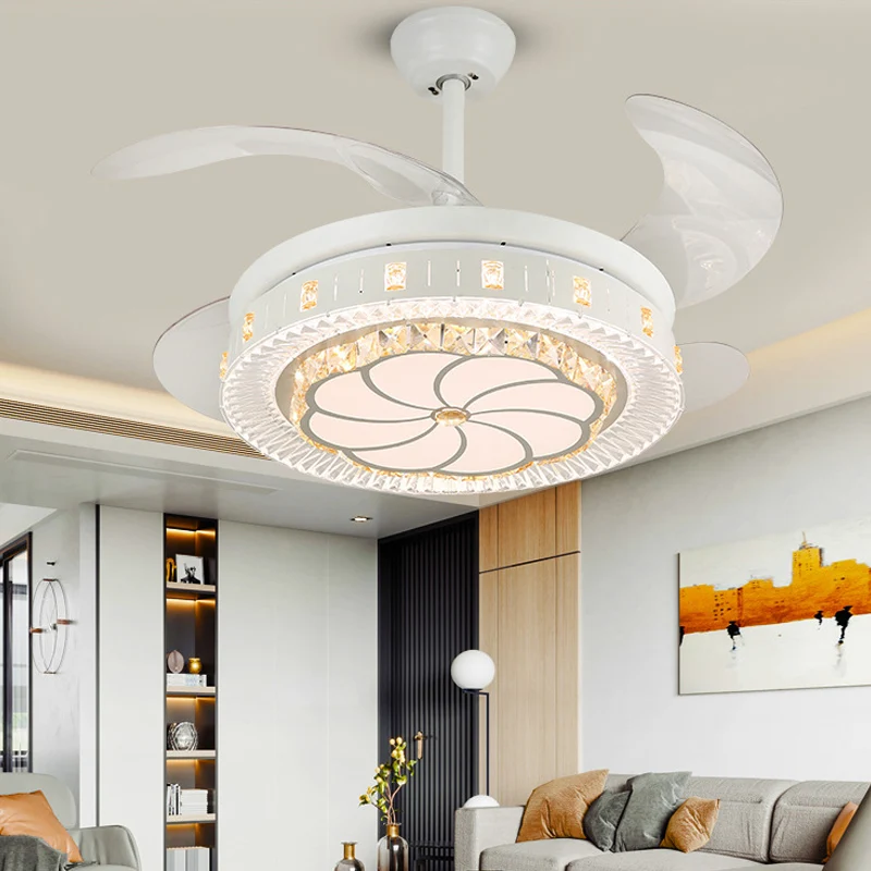 19" breiter, weiß geschichteter Deckenventilator mit modernem LED-Kristall, halbbündige Montage, 4 Flügel Tension : 12V