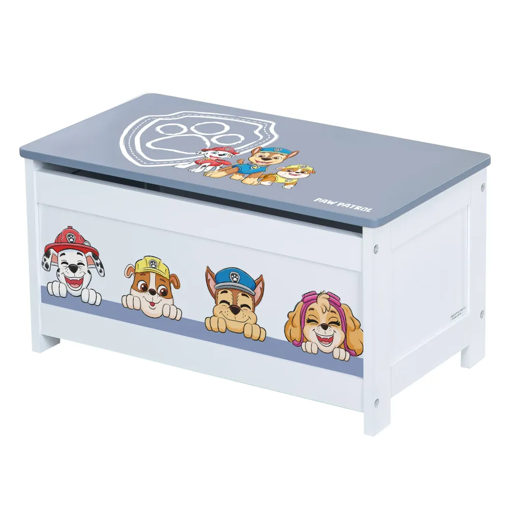 Sac de Rangement Spielzeugtruhe 'Paw Patrol' aus Holz - Klappbare Sitzfläche - Weiß / Blau