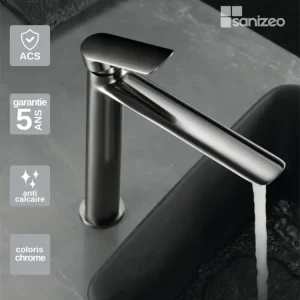 Robinet mitigeur de Lavabo anti-calcaire haut Nickel Brossé IMEX Sanizéo URAL BDG040-3NQ avec Garantie 5 Ans