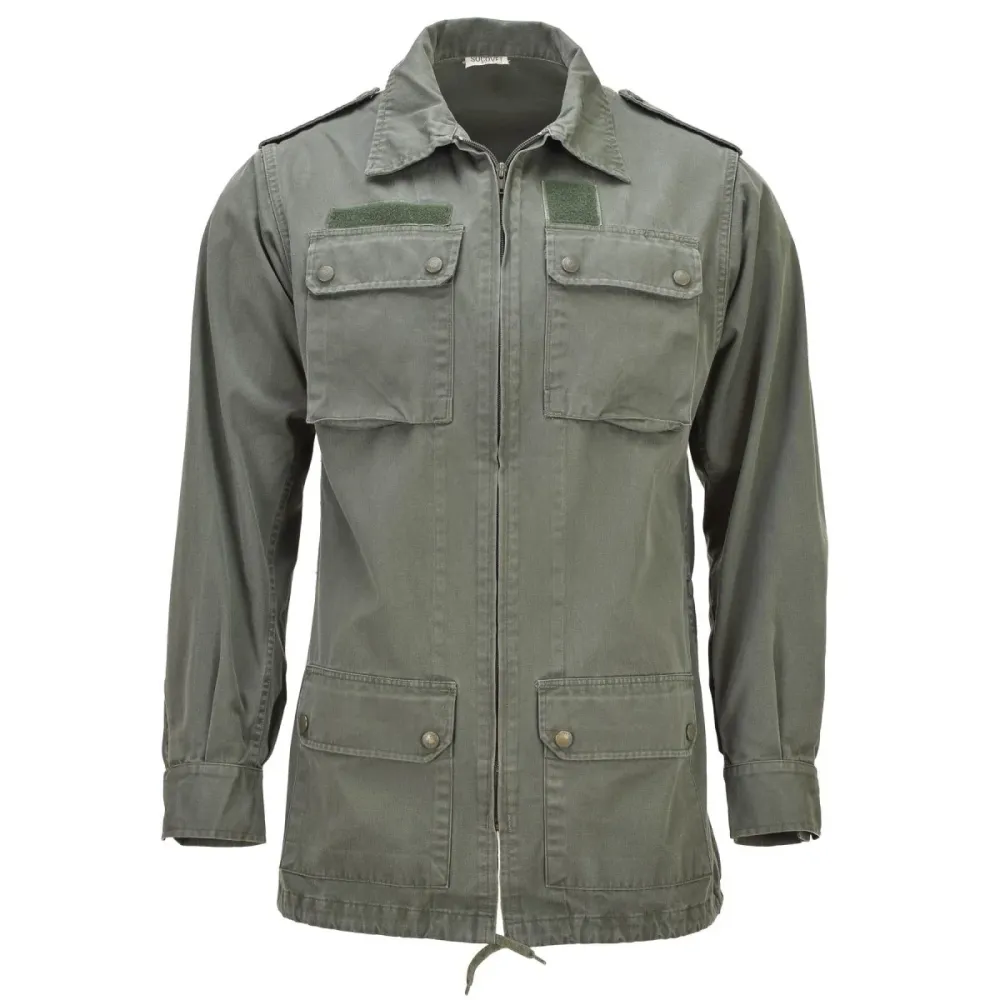Veste intemporel militaire française originale avec grandes poches avant, couleur olive unie