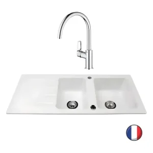 Evier 116 x 51 cm VILLEROY ET BOCH Architectura 8 Blanc + Robinet cuisine GROHE Bauloop pour Buanderie et Cave