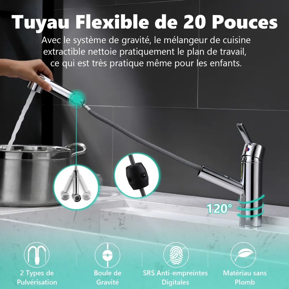 APPASO Mitigeur d'Evier avec Douchette Robinet de Cuisine Contemporain Bec Rotatif Chromé Argent