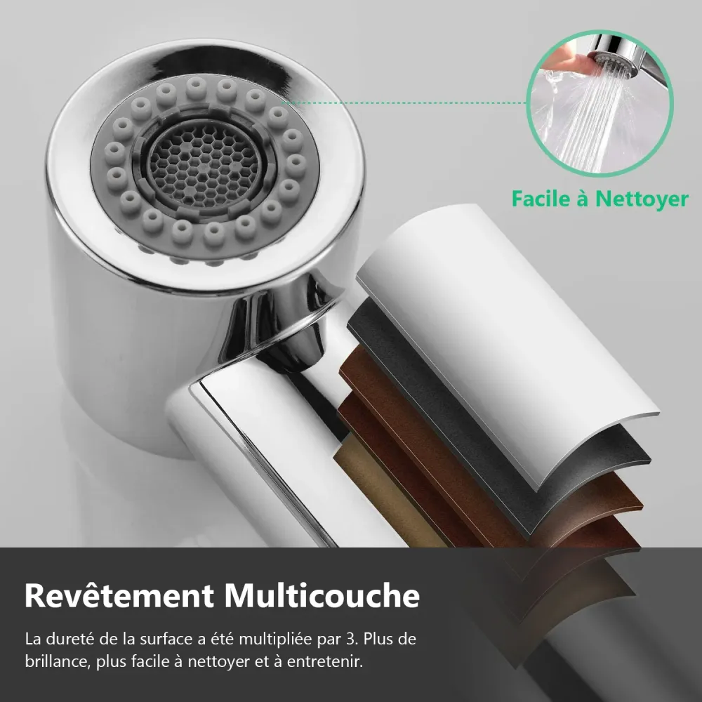 APPASO Mitigeur d'Evier avec Douchette Robinet de Cuisine Contemporain Bec Rotatif Chromé Argent