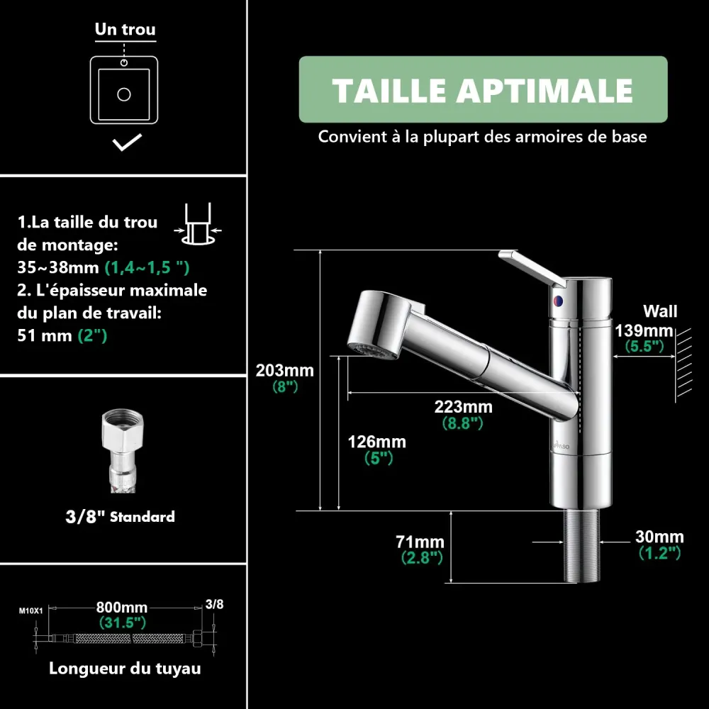 APPASO Mitigeur d'Evier avec Douchette Robinet de Cuisine Contemporain Bec Rotatif Chromé Argent