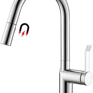 APPASO Robinet de Cuisine 360° Rotatif Mitigeur d'Évier Extractif Bec Haut en Inox Nickel Brossé Argent