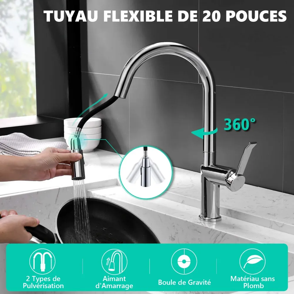 APPASO Robinet de Cuisine 360° Rotatif Mitigeur d'Évier Extractif Bec Haut en Inox Nickel Brossé Argent