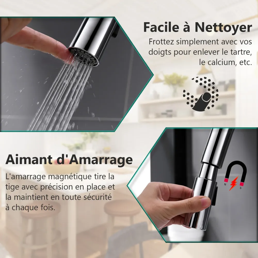 APPASO Robinet de Cuisine 360° Rotatif Mitigeur d'Évier Extractif Bec Haut en Inox Nickel Brossé Argent