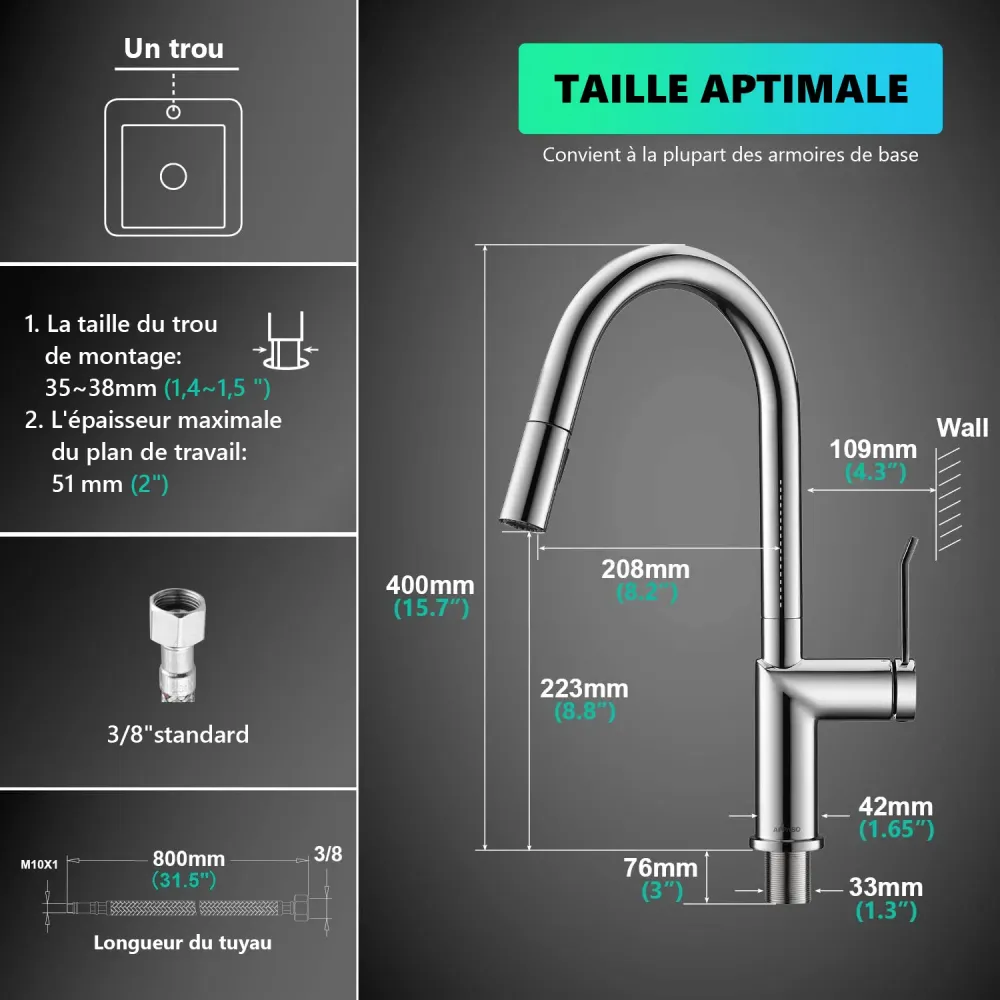 APPASO Robinet de Cuisine 360° Rotatif Mitigeur d'Évier Extractif Bec Haut en Inox Nickel Brossé Argent
