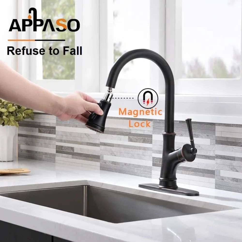 APPASO Robinet Cuisine Mitigeur Extractif Robinet Lavabo Bec Rotatif avec 3 Jets en Laiton Massif Cuivre étain Huilé