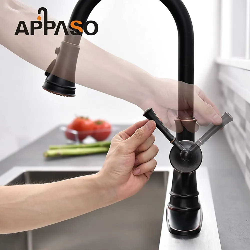 APPASO Robinet Cuisine Mitigeur Extractif Robinet Lavabo Bec Rotatif avec 3 Jets en Laiton Massif Cuivre étain Huilé