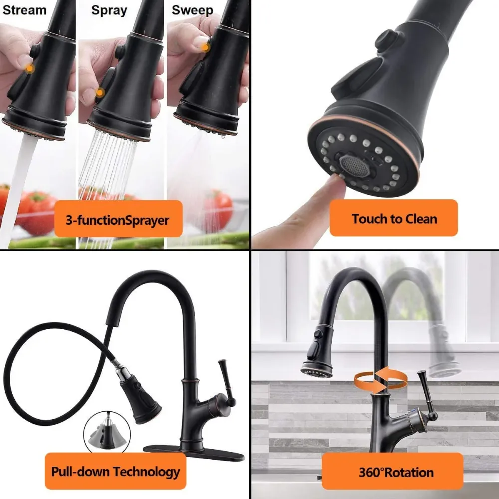 APPASO Robinet Cuisine Mitigeur Extractif Robinet Lavabo Bec Rotatif avec 3 Jets en Laiton Massif Cuivre étain Huilé