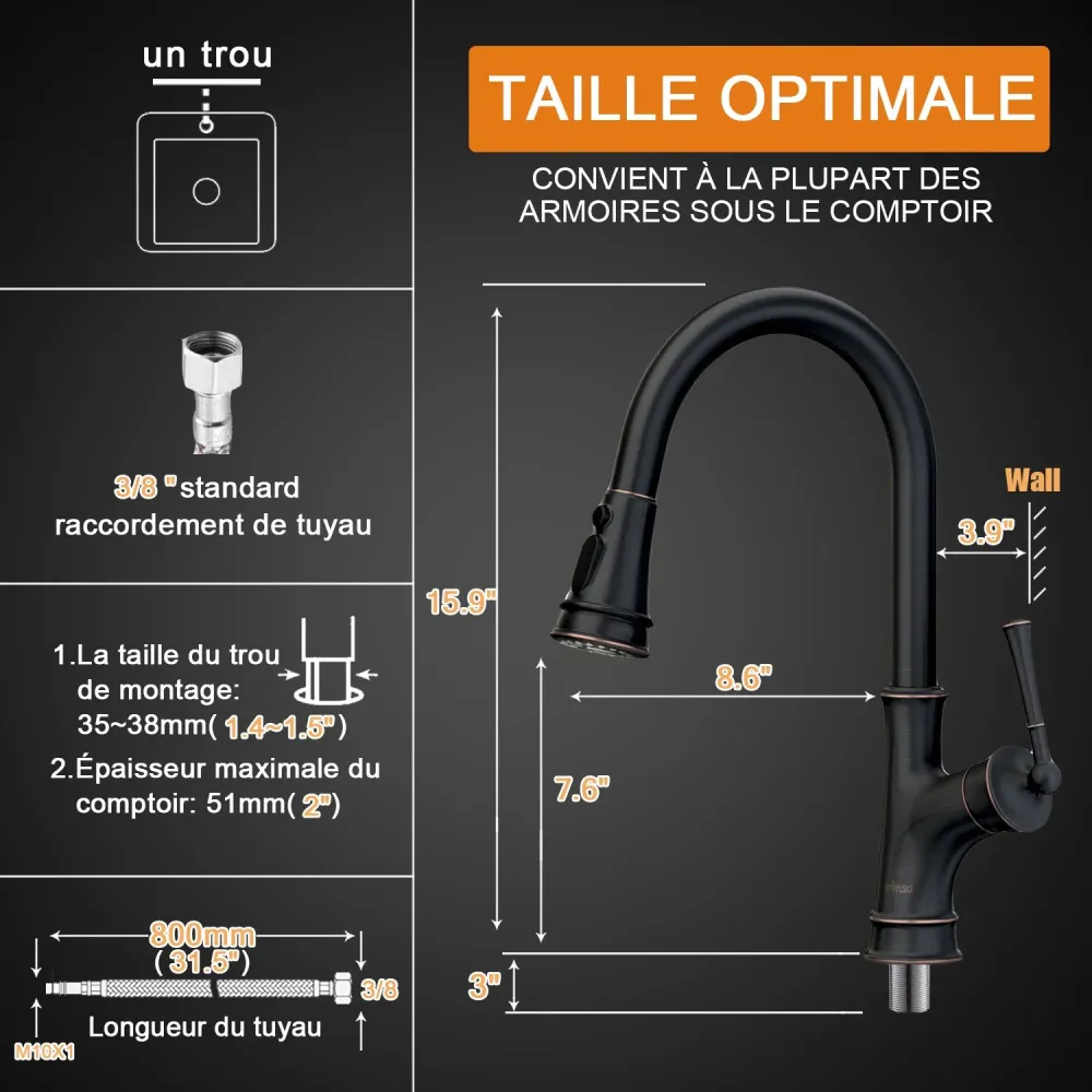 APPASO Robinet Cuisine Mitigeur Extractif Robinet Lavabo Bec Rotatif avec 3 Jets en Laiton Massif Cuivre étain Huilé