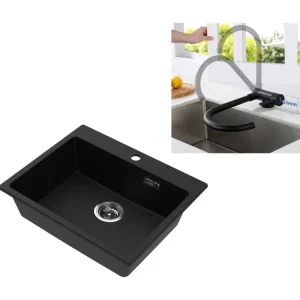 1 Bac Évier Cuisine en Granit,55*45*20cm,Kit de Vidage,Noir+Mitigeur Cuisine en Acier Inox 304 Rabattable Pivotant à 360°...