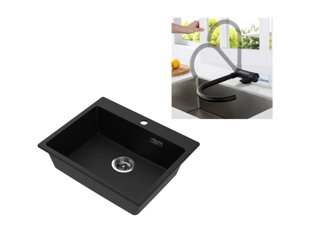 1 Bac Évier Cuisine en Granit,55*45*20cm,Kit de Vidage,Noir+Mitigeur Cuisine en Acier Inox 304 Rabattable Pivotant à 360°...