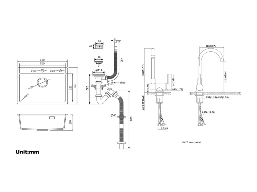 1 Bac Évier Cuisine en Granit,55*45*20cm,Kit de Vidage,Noir+Mitigeur Cuisine en Acier Inox 304 Rabattable Pivotant à 360°...