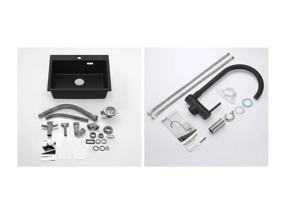 1 Bac Évier Cuisine en Granit,55*45*20cm,Kit de Vidage,Noir+Mitigeur Cuisine en Acier Inox 304 Rabattable Pivotant à 360°...