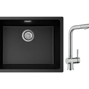 CECIPA MAX Evier 1 Bac en Quartz et Résine Noir Gris 55*44*20cm + Robinet Cuisine avec Douchette, Mitigeur Extractible Brossé