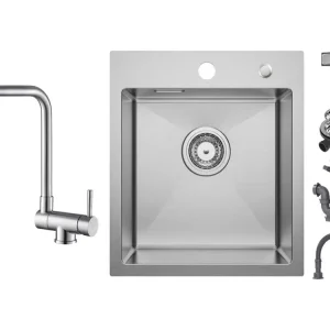 Cecipa max Évier 1 Bac 40 × 45 cm Évier Inox Brossé 1 Cuve + Robinet Cuisine Rabattable Mitigeur de Evier Repliable en Ino...