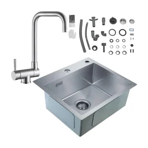 Cecipa max Évier de Cuisine 1 Bac, 50 x 45 x 18,5 cm, Évier de Cuisine Carré Inoxydable Brossé + Robinet de Cuisine Rabatt...
