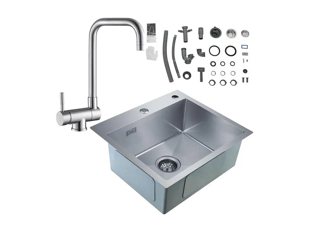 Cecipa max Évier de Cuisine 1 Bac, 50 x 45 x 18,5 cm, Évier de Cuisine Carré Inoxydable Brossé + Robinet de Cuisine Rabatt...