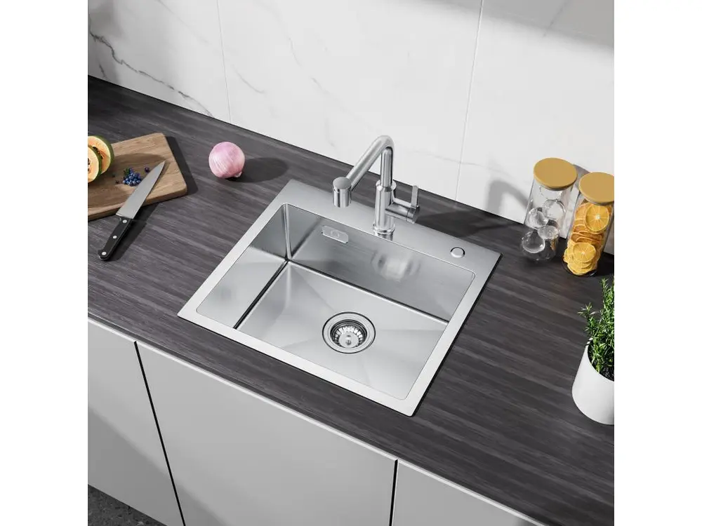 Cecipa max Évier de Cuisine 1 Bac, 50 x 45 x 18,5 cm, Évier de Cuisine Carré Inoxydable Brossé + Robinet de Cuisine Rabatt...