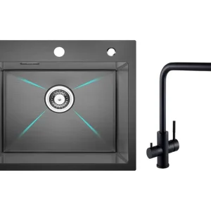 Cecipa MAX Évier Cuisine 1 Bac 50×45×18.5CM Évier Inox Noir + Mitigeur Evier à 3 Voies, 2 Leviers, Noir