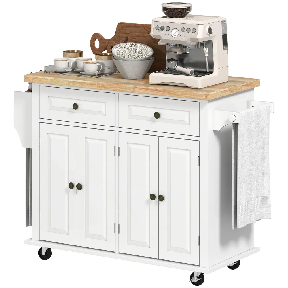 Desserte ilôt de cuisine divers rangements 2 tiroirs 2 placard 2 portes avec étagère range-bouteille porte-torchons et éta...