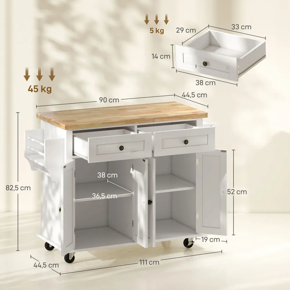Desserte ilôt de cuisine divers rangements 2 tiroirs 2 placard 2 portes avec étagère range-bouteille porte-torchons et éta...