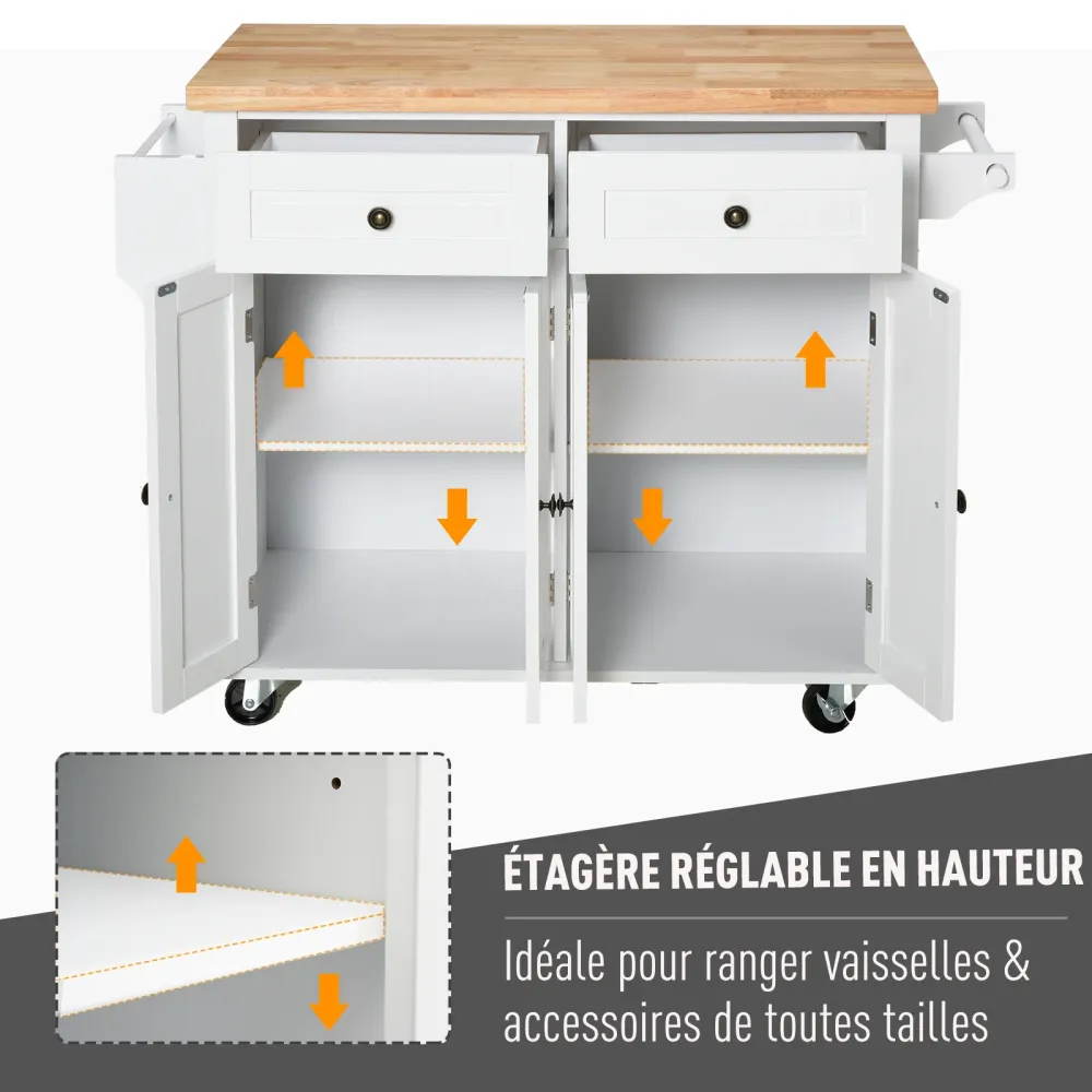 Desserte ilôt de cuisine divers rangements 2 tiroirs 2 placard 2 portes avec étagère range-bouteille porte-torchons et éta...