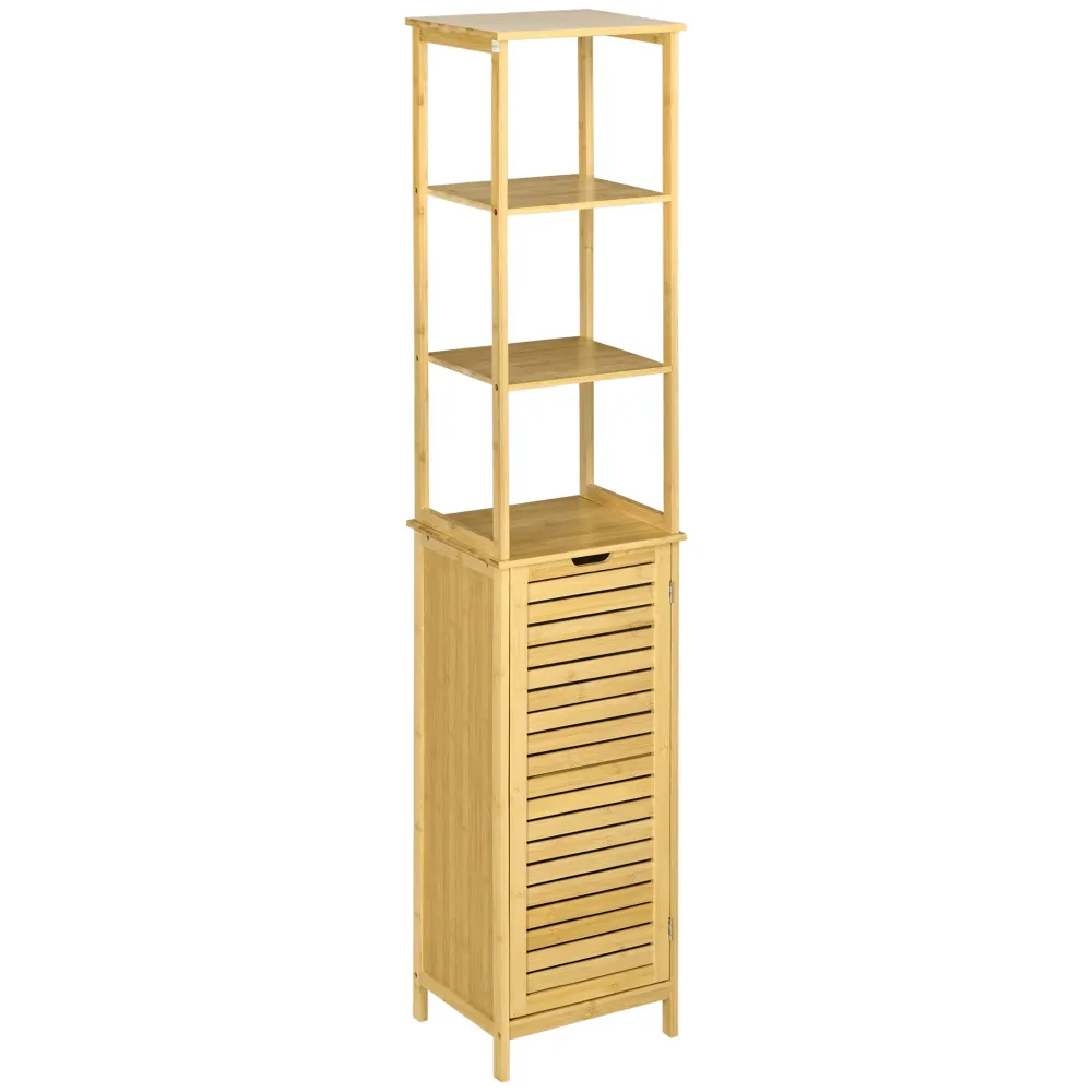 Meuble colonne de salle de bain avec 3 étagères et placard porte persienne en bambou
