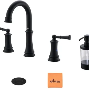 Robinet d’évier de salle de bains 3 trous d’APPASO avec distributeur de savon noir mat 122Mo