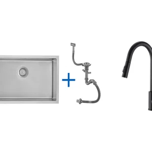 Évier Cuisine 1 Bac 70*44*19CM,à Encastrer/Fleur/Sous-Plan,avec Siphon/Trop-Plein,Brossé+Robinet Cuisine Noir,Extractible...
