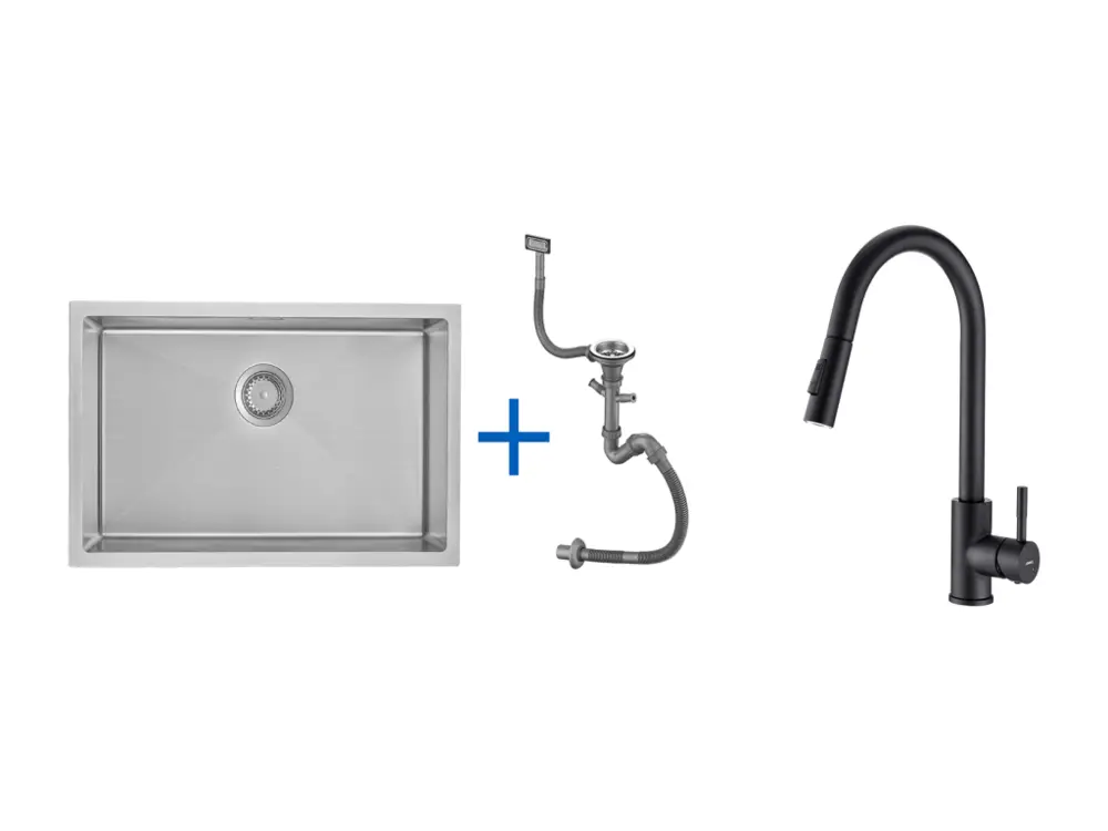 Évier Cuisine 1 Bac 70*44*19CM,à Encastrer/Fleur/Sous-Plan,avec Siphon/Trop-Plein,Brossé+Robinet Cuisine Noir,Extractible...