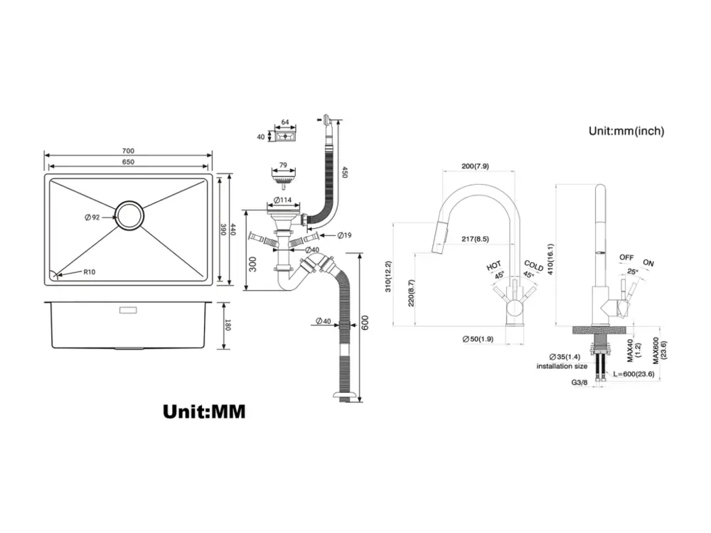 Évier Cuisine 1 Bac 70*44*19CM,à Encastrer/Fleur/Sous-Plan,avec Siphon/Trop-Plein,Brossé+Robinet Cuisine Noir,Extractible...