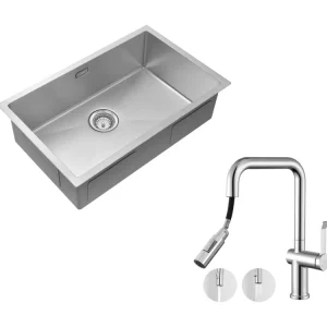 Évier Cuisine 1 Bac 74*44*20CM,avec Siphon et Trop-Plein+Robinet Cuisine à Ressort avec Douchette Extensible,2 Mode de sor...