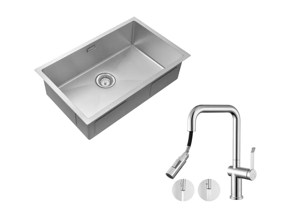 Évier Cuisine 1 Bac 74*44*20CM,avec Siphon et Trop-Plein+Robinet Cuisine à Ressort avec Douchette Extensible,2 Mode de sor...