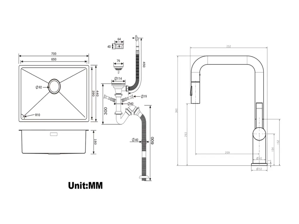 Évier Cuisine 1 Bac 74*44*20CM,avec Siphon et Trop-Plein+Robinet Cuisine à Ressort avec Douchette Extensible,2 Mode de sor...