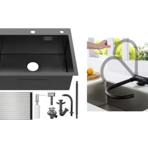 Évier Cuisine1Bac Noir 58*45*18CM,avec Egouttoir évier Enroulable/Distributeur Savon+Mitigeur Cuisine Inox Rabattable Pivo...