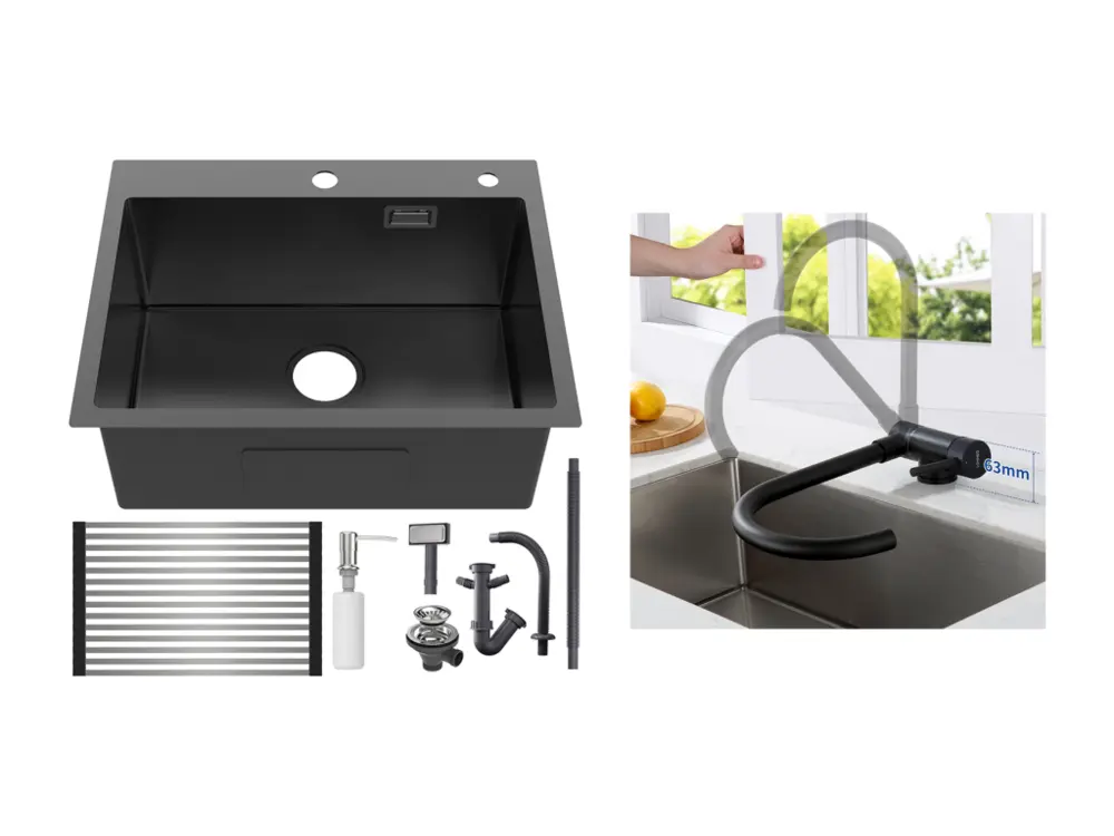 Évier Cuisine1Bac Noir 58*45*18CM,avec Egouttoir évier Enroulable/Distributeur Savon+Mitigeur Cuisine Inox Rabattable Pivo...