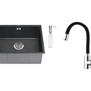 Évier Noir 1 Bac 50x43x18,5CM,avec Distrubuteur de savon++Robinet de Cuisine Adaptable Bec Haut Orientable